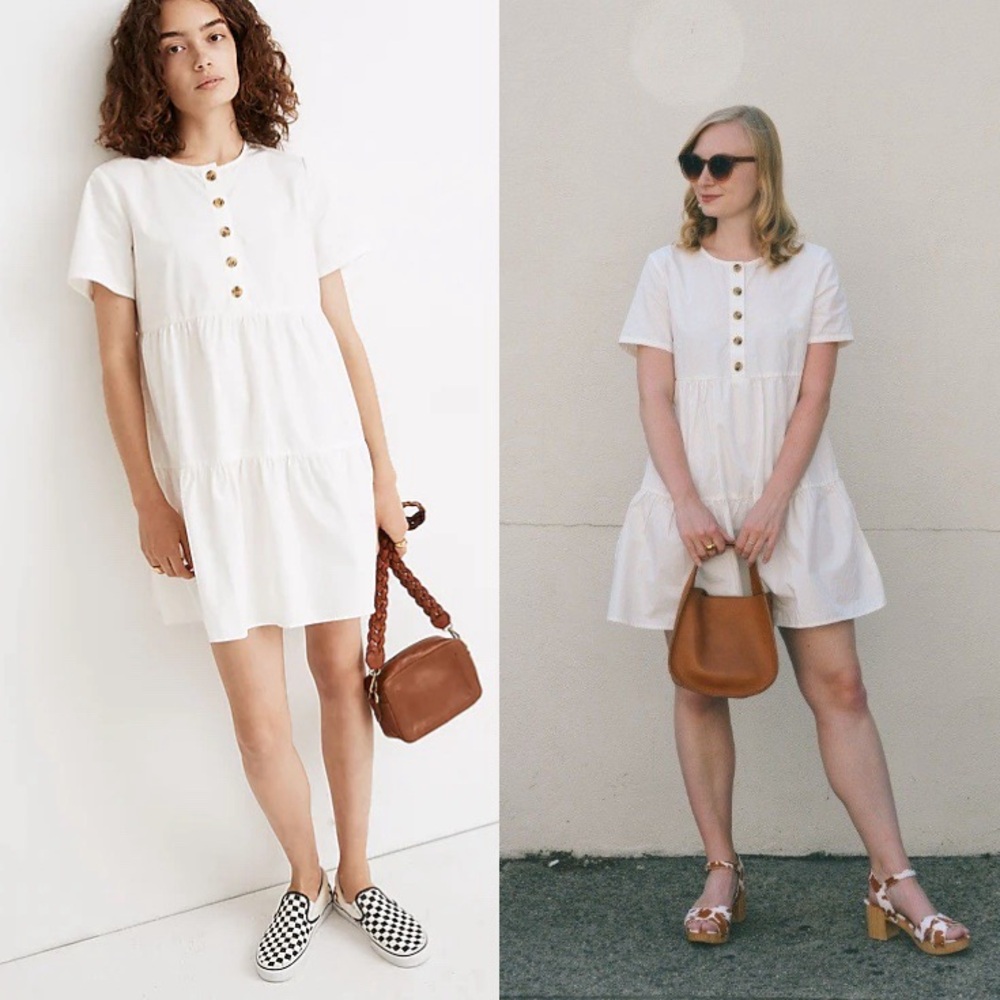 Madewell Button-Front Short-Sleeve Tiered Mini Dress